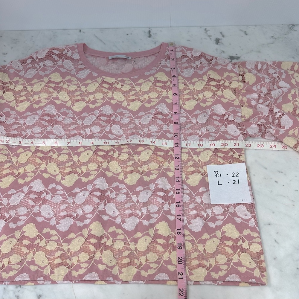 ZARA Blouse Pink Short Bell Sleeve Lace Crop Ribbed Round Neck Sheer Top… - Picture 9 of 15